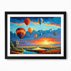 Hot Air Balloons in the sky, landscape with hot air balloons, hot air balloons in sunset, digital art, digital painting Art Print