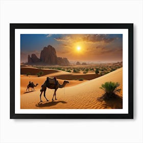 Default Fantasy Desert With Oasis Camels Sun Is At Down Mas 0 Art Print