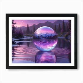 A Surreal Image Of A Glowing, Iridescent Orb, Resembling A Giant Egg, Floating On A Calm Lake In A Mountainous Landscape With A Pink Sunset Art Print