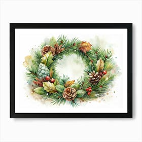 Watercolor Christmas Wreath With Pine Branches, Cones, And Berries Art Print