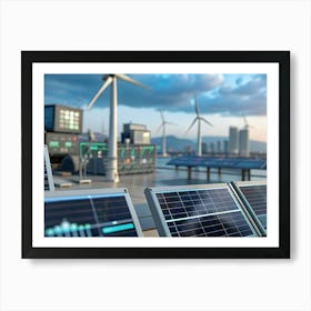 Bank Of Monitors Displaying Data, With Wind Turbines And A Cityscape In The Background Art Print