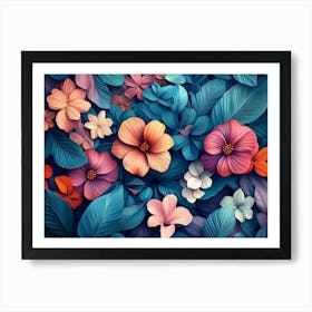 Pattern Art with Colorful Flowers and Leaves Art Print