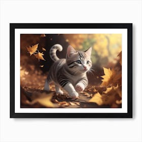 A Kitten Chasing Swirling Leaves In The Wind Art Print