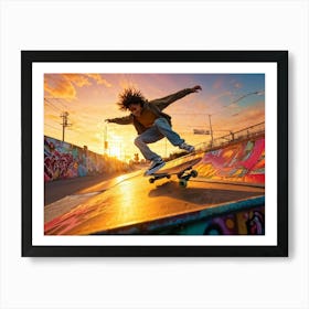 Street Style Teenage Skater Exuding A Vibe Of Infectious Cheerfulness Mid Kickflip Over A Graffiti Art Print