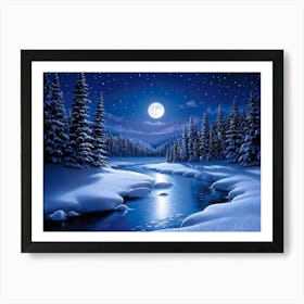 Snowy Forest Under Moonlight Branches Heavy With Frost Shimmering Ribbon Of River Weaving Through Art Print