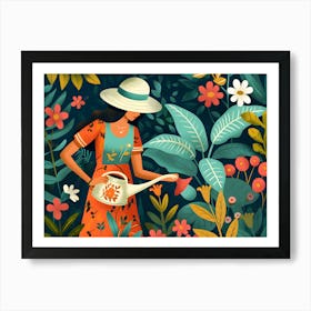 Woman Watering Garden Poster