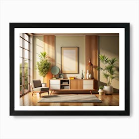 Living Room With Wooden Wall, Green Plants, And A Blank Frame Art Print