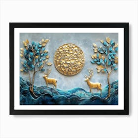 3d Art Gold Background, Turquoise Leaves, And Deer Against a Gray Background Poster