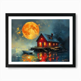 A Small Rustic House On A Calm Lake Water Art Print