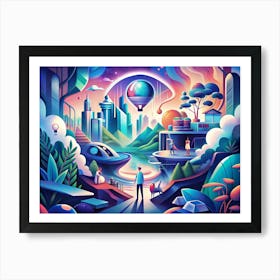 Futuristic Landscape With People And Flying Objects Art Print