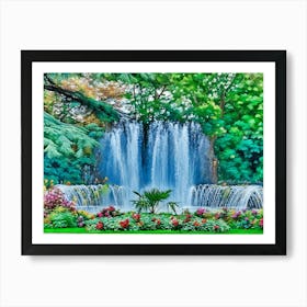 Serene Fountain in a Lush Garden in Toulouse France. This image depicts a serene waterfall cascading down into a tranquil pool, surrounded by a lush garden filled with vibrant flowers and greenery. The scene is framed by dense foliage, creating a peaceful and picturesque natural setting. Art Print