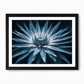 An Abstract Image Of A Blue Flower With A White Center And A Blurred Background With White Dots Art Print