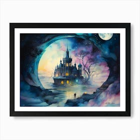 Watercolor Painting of a mystic Castle at a Lost Place by Night seen trough a hidden Portal Art Print