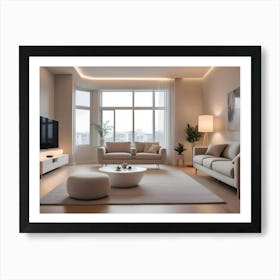 A Modern Living Room With A Teal Wall, A Teal Couch, A Coffee Table, A Chair, And A Large Screen Television With Smart Home Controls Displayed Art Print