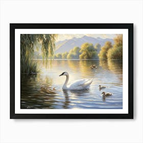 Cygnet Swimming Beside A Mother Duck On A Serene Lake Glossy Feathers Reflecting The Soft Ripples A Art Print