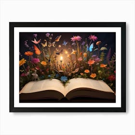 Abstract Image Of A Magical Scene With A Glowing Light Emerging From An Open Book Surrounded By Colorful Flowers And Butterflies Art Print