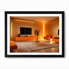 A Modern Living Room Interior With An Orange Sofa, A Glass Coffee Table, A Plant, A Tv, And A Chair Art Print