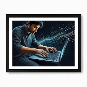 A Man Sits At A Laptop, Typing On The Keyboard, With A Stream Of Digital Data Flowing From The Screen Art Print