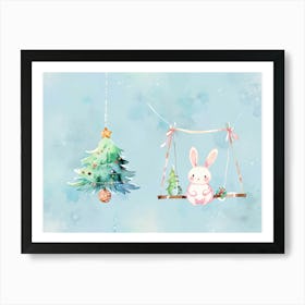 Christmas Bunny On Swing Art Print