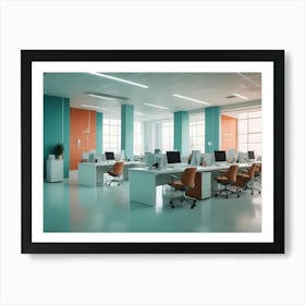 A Modern Office Space With A Minimalist Design, Featuring Turquoise And Orange Accents, Creating A Bright And Vibrant Atmosphere Art Print