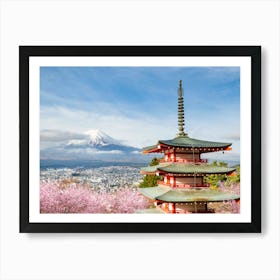 Mount Fuji With Pagoda During Cherry Blossom Season Art Print