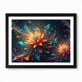 Two Glowing, Abstract Flowers With Intricate Petals In Shades Of Orange, Blue, And Teal Against A Dark, Textured Background Art Print