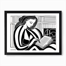 Just a girl who loves to read, Lion cut inspired Black and white Stylized portrait of a Woman reading a book, reading art, book worm, Reading girl 199 Art Print