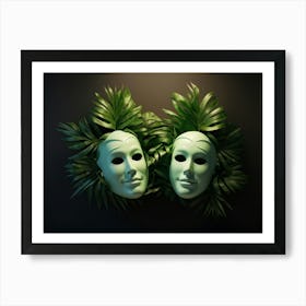 Tragedy And Comedy Masks Floating Ethereally Crafted From Meticulously Detailed Pine Leaves One M Art Print