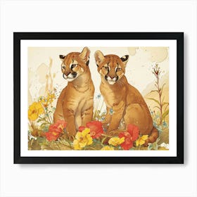 Floral Animal Illustration Cougar 1 Art Print