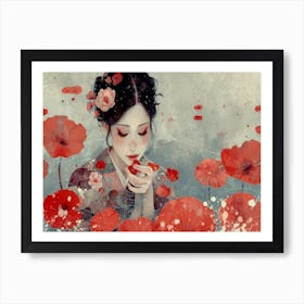 Geisha Grace: Elegance in Burgundy and Grey. Poppies Art Print