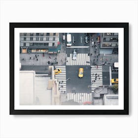 New York, USA I Miniature black and white aerial view photography from building rooftop Rockefeller center or NYC city skyscraper looks like a video game with its yellow cabs taxi, passerby, cars and architecture Art Print