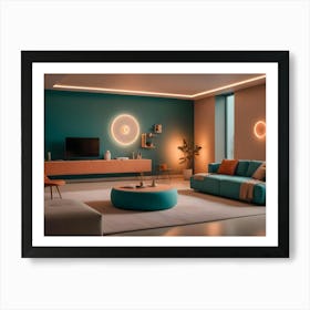 A Modern Living Room With A Blue Sofa, A Turquoise Ottoman, A Large Television, And A Wooden Console Art Print