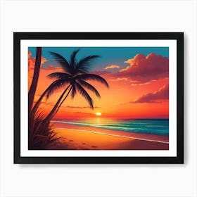 A Tranquil Beach At Sunset Horizontal Illustration 31 Art Print