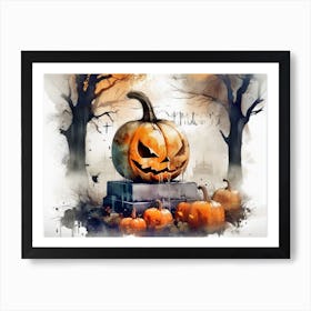 Sdxl 09 Halloween Pumpkin In Front Of Cemetery Double Exposure 1 Art Print