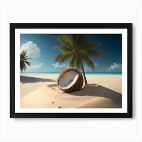 Coconut Palm Tree Rising On The Sandy Beach With Its Fruit Art Print