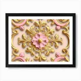 Seamless Relief Sculpture Pattern Gold Round Curve Cross Frame Pink Flower Plant Kaleidoscope Painting Póster