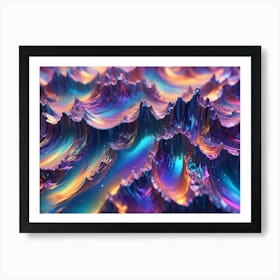 Abstract 3d Rendering Of A Landscape Made Of Iridescent, Metallic Waves, With Peaks And Valleys In Shades Of Purple, Blue, Orange, And Gold 1 Art Print