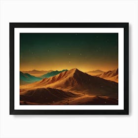 A Mountain Landscape Bathed In Warm, Golden Light With A Starry Night Sky Above, Creating A Sense Of Peace And Solitude Art Print