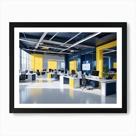 Modern Office Interior With A Spacious Layout Featuring A Large Window, White Floor, And Blue And Yellow Accents Art Print