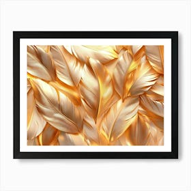 3d Golden Feathers Background, Luxury Leaves Texture Art Print