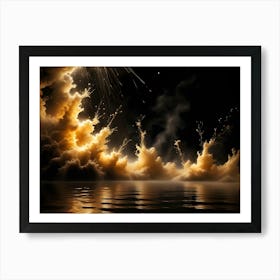 Billowing Golden Clouds Erupt From A Dark Sea, Illuminated By Streaks Of Light, Evoking A Sense Of Power And Awe Art Print