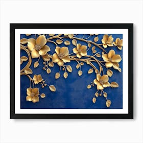 Elegant Gold And Royal Blue Floral Tree With Seamless Leaves And Flowers Hanging Branches Illustration Art Print