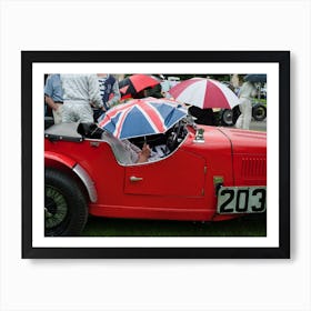 Keeping Dry Under Union Jack Umbrella In Vintage Car Art Print