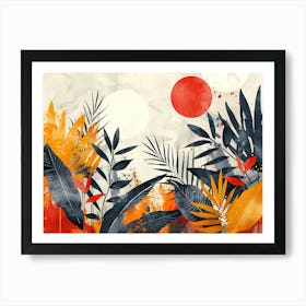 Abstract Tropical Foliage Illustration With Orange Red And Dark Blue Leaves Against A Textured Background Featuring La Art Print