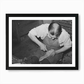 Cowboy Bootmaker Punching Holes In Inner Sole In Goodyear Welt Method With Awl,Cowboy Bootmaking Shop Art Print