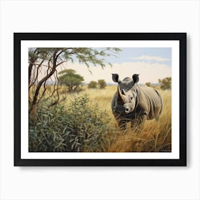 Black Rhinoceros Grazing In The African Savannah Realism 2 Art Print