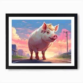 Pig On The Road Art Print