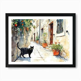 Dubrovnik, Croatia   Cat In Street Art Watercolour Painting 1 Art Print