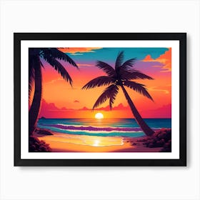 A Tranquil Beach At Sunset Horizontal Illustration 36 Art Print