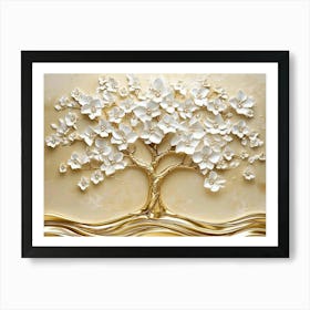 3d Golden Tree Life With White Flowers 1 Art Print